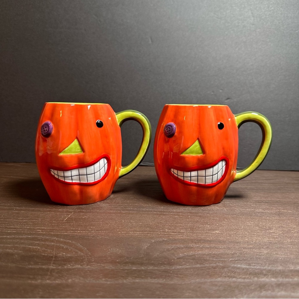Department 56 Halloween Pumpkin Jack o Lantern Mug Cup Rare Set Of 2